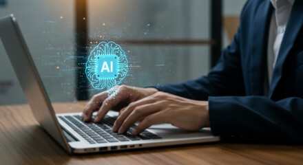 AI Integration in Business: Close-up of hands typing on a laptop with an AI brain graphic overlay, symbolizing the integration of artificial intelligence in business operations.
