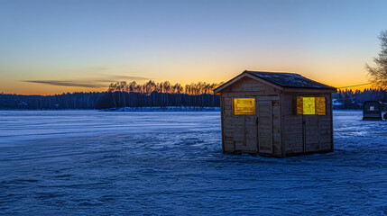 Old mysterious house with light in the windows at night, lonely house in winter, fairytale landscape