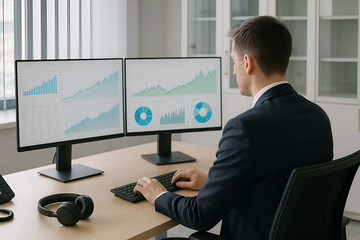 Biznesmen analizujący dane i wykresy na dwóch monitorach w nowoczesnym biurze – praca analityczna i planowanie strategiczne