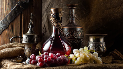 vintage still life old wine bottle with glasses on warm background