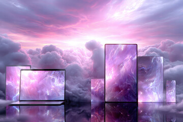 Digital devices with cosmic designs creating a surreal landscape in a dreamy sky