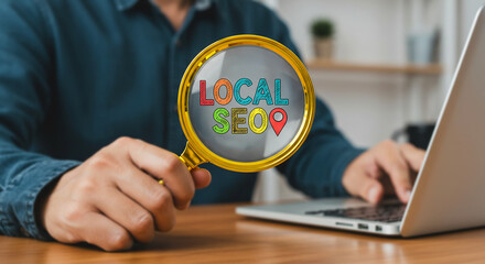 Local SEO Concept: A close-up view features a hand holding a magnifying glass over the term "local SEO," and a laptop, symbolizing digital marketing and online presence