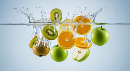 Fresh Fruits Splashing into Water: Healthy Refreshment, 
Dynamic Fruit Splash: Kiwi, Apple, and Orange in Water, 
Vibrant Healthy Eating: Assorted Fruits Submerging in Water.