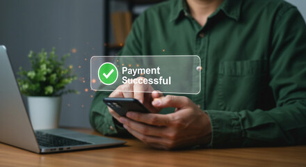 Seamless Transactions: Modern professional engages in secure payment via smartphone, illustrating digital financial interaction and instant confirmation of a successful transaction.
