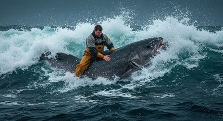 A fisherman riding a large shark amidst crashing ocean waves, showcasing the thrill of deep-sea adventure