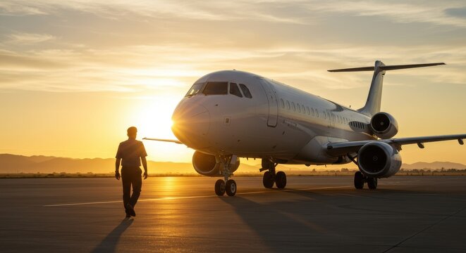 A silhouette of a pilot walking towards a private jet during a stunning sunset at an airport