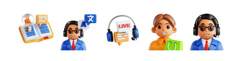 3D Illustration Pack of Knowledge Base, Language Support, Live Chat, and Customer Profile Icons