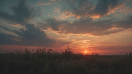 Fototapeta premium Sunset sky with clouds and horizon, evening scene, natural landscape.