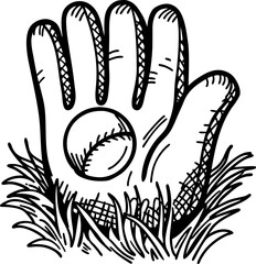Baseball glove catching ball in grass sports equipment, hand drawn sketch, catching motion, outdoor activity