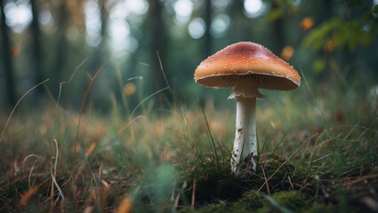 Mushroom in the forest with grass and trees, nature, and fungi.