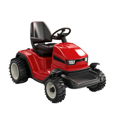 Shiny red riding lawn mower with black accents and aggressive tires isolated on transparent background