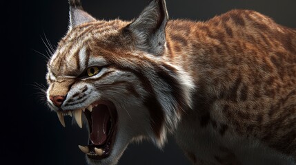 Obraz premium Close-up of a snarling lynx, showcasing its fur, teeth, and intense expression against a dark background.