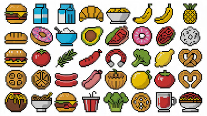 A collection of 8x8 pixel art food icons arranged in a grid pattern