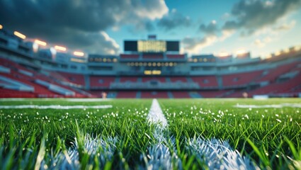 Stadium with green field and empty seats during sunset, viewed from the ground level.