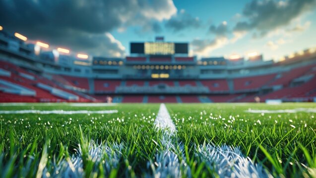 Stadium with green field and empty seats during sunset, viewed from the ground level.