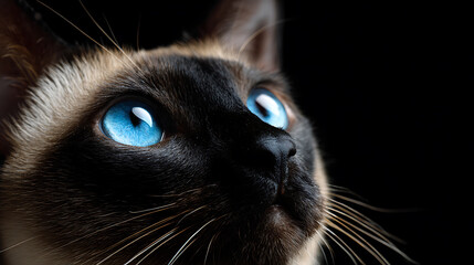 Close up portrait of a Siamese cat with bright blue eyes gazing curiously into the camera under studio lighting