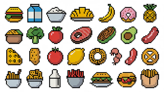 A collection of 8x8 pixel art food icons arranged in a grid pattern