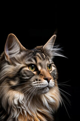 Close-up portrait of a Maine Coon cat with long fur and green eyes. Studio lighting highlights feline elegance. Ideal for pet lovers and luxury animal content.