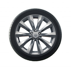 Obraz premium Close-up of a sleek modern car wheel with silver hubcap and black tire on transparent background