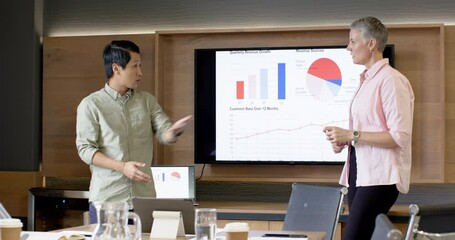 Diverse coworkers presenting monitor charts in office then responding to query after hand raise - Powered by Adobe