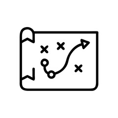 Black and White Strategy Map Icon – Minimalist Outline Vector of Game Plan or Tactical Planning Board with Path Arrows and Position Markers for Business Strategy, Sports Playbook, and Goal Planning Us