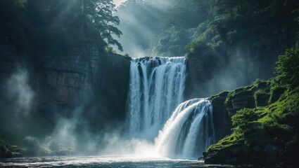 A waterfall cascading down a lush, green cliff in a serene natural landscape with mist rising from the water.