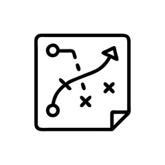 Black and White Strategy Map Icon – Minimalist Outline Vector of Game Plan or Tactical Planning Board with Path Arrows and Position Markers for Business Strategy, Sports Playbook, and Goal Planning Us