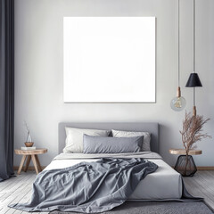 Modern minimalist bedroom with blank square canvas mockup. Gray and white bedding with wooden side tables and pendant lights in Scandinavian interior decor.