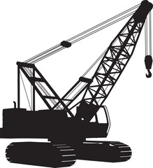 Crawler Crane Flat Black Silhouette with Lattice Boom and Tracks, Construction Material Handling Vehicles Vector Illustration