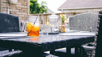 plastic glass with ice tea and lemon on wooden table with green garden on the background.