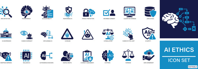 ai ethics icon set featuring fairness, transparency, artificial intelligence, law, justice, fairness, governance, ethical, dilemma, privacy, and ethical technology symbols.