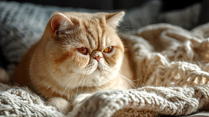 Exotic Shorthair cat resting calmly on a knitted blanket with soft afternoon light highlighting its round face cozy atmosphere real photo stock photography