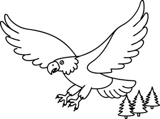 Obraz premium Flying eagle outlined illustration spreading wings, sharp claws, forest background wildlife, predator, coloring page art