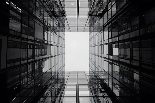 Massive glass buildings reflecting the city below, upward shot with a central open sky space