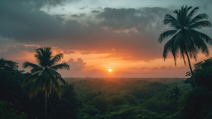 Tropical sunset over a lush green landscape with palm trees and dramatic clouds.