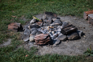 Firesite outdoors in the nature, remains of campfire