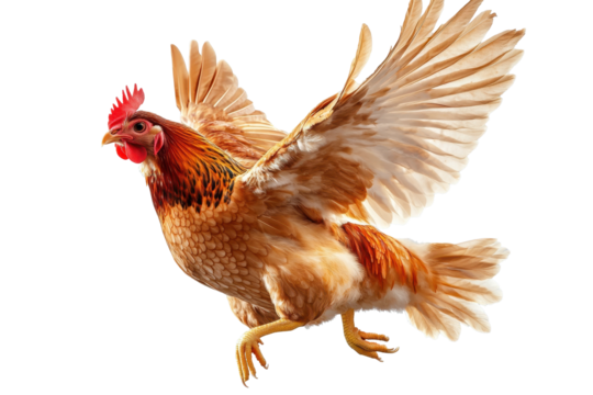 Noble hen flaps her beautiful wings in an energetic display of grace during a sunny afternoon in a backyard garden