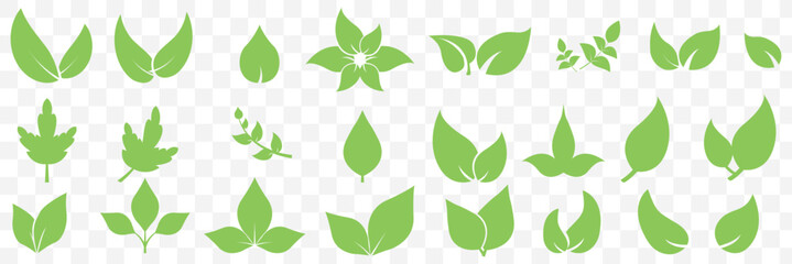 Set of green leaf icons. Green color. Leafs green color icon logo. Leaves on white background. Ecology. Vector illustration on Transparent Background. EPS 10.