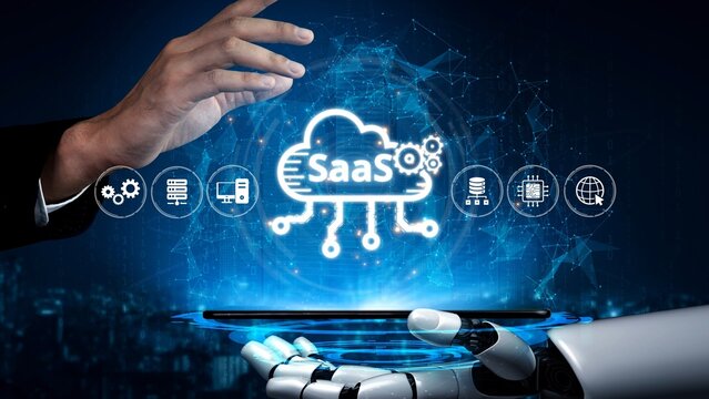 Visual representation of SaaS showing infrastructure, SaaS deployment, SaaS platform features, and SaaS integration model in digital environment. Muxer