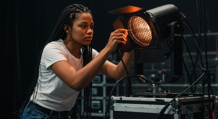 Young woman adjusting stage lighting equipment during a live performance setup in a concert venue