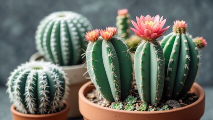 Colorful flowering cacti in pots, showcasing various shapes and sizes, on a blurred background.