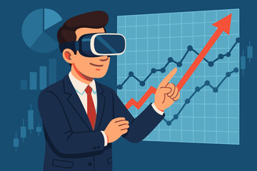 Businessman in Suit Using Virtual Reality Headset Analyzing Financial Growth Chart, Data Visualization, Stock Market Trends, Investment Success, Technology in Finance, Vector Illustration