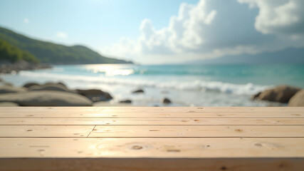 Warm sunlight highlights textured wooden planks in sharp focus, blending into a dreamy blurred background of blue waves, rocky coastlines, lush hills, and a bright sky with fluffy white clouds.
