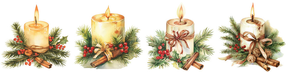 Decorative candles with pine and holly on festive background  