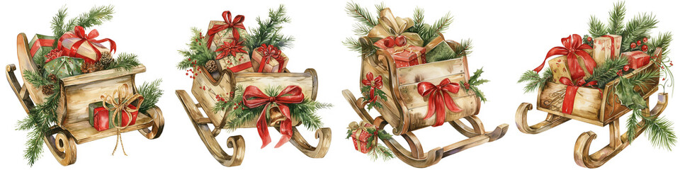 Vintage Christmas sleighs decorated with gifts and greenery  