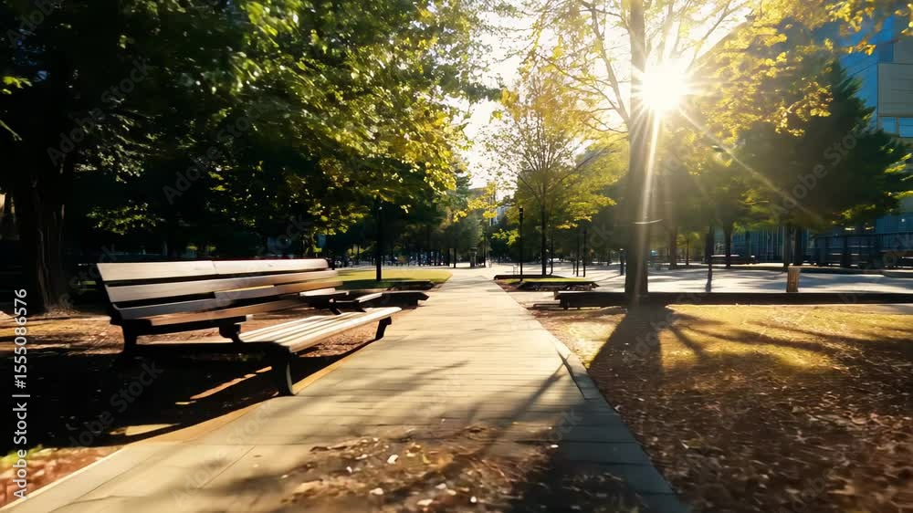 Wall mural sunlight filtering through trees, casting long shadows on paved path with benches in serene urban pa