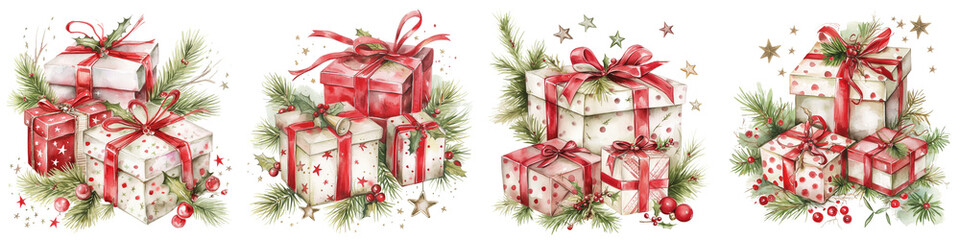 Decorative Christmas gift boxes with red ribbons and greenery  