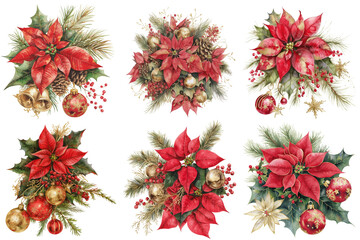 Christmas floral arrangements with red poinsettias and ornaments  