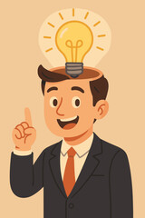 Businessman with Lightbulb in Head, Symbol of Creativity, Innovation, Business Ideas, Creative Thinking, Problem Solving, Brainstorming, Inspiration, Leadership, Success, Vector Cartoon Illustration
