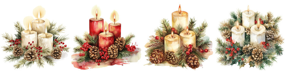 Decorative candles arranged with pine cones and holly for Christmas  